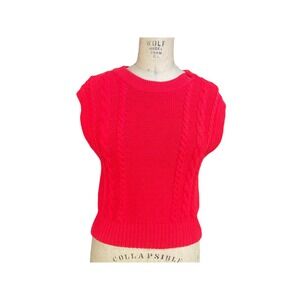 Liz Claiborne Womens Sweater Cable Knit Button Detail Cap Sleeve Crew Red Small